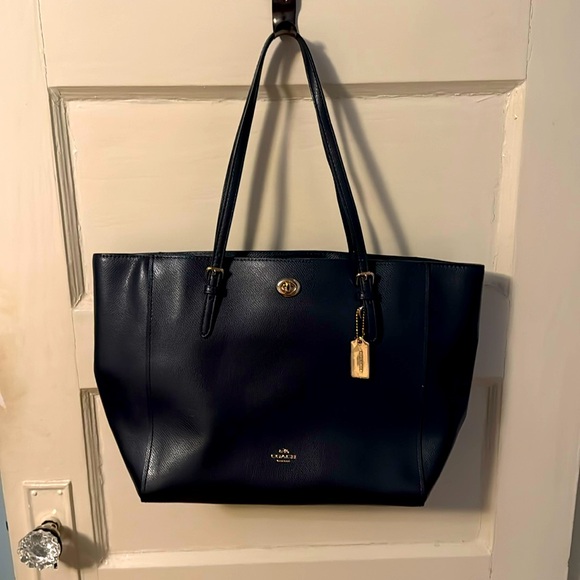 Coach dark navy Leather Tote Bag with gold tone hardware